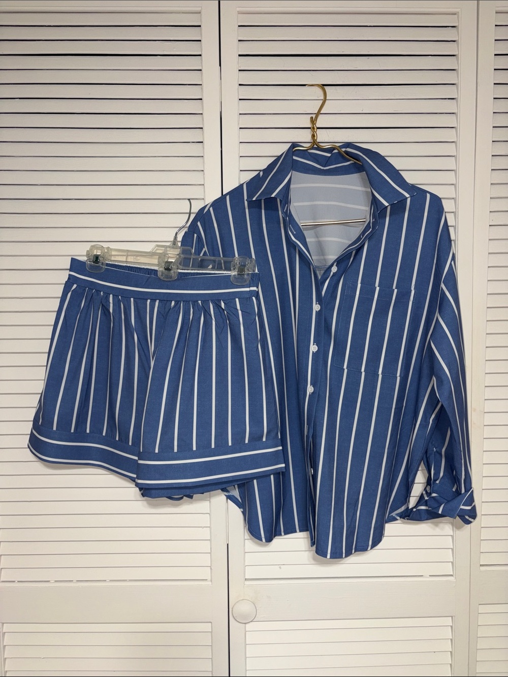 Blue and White Striped Women’s Shorts /Blouse Set Classic Style